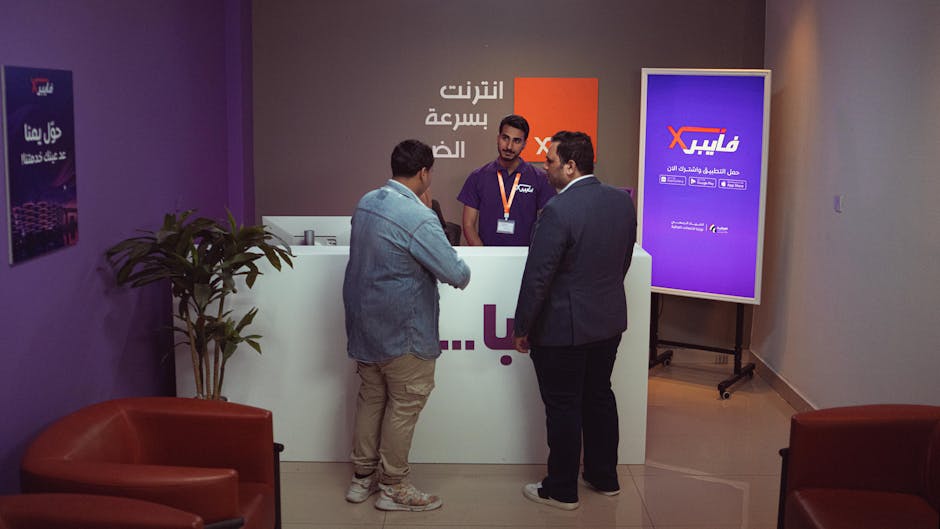 Customer service interaction in a modern office reception setting